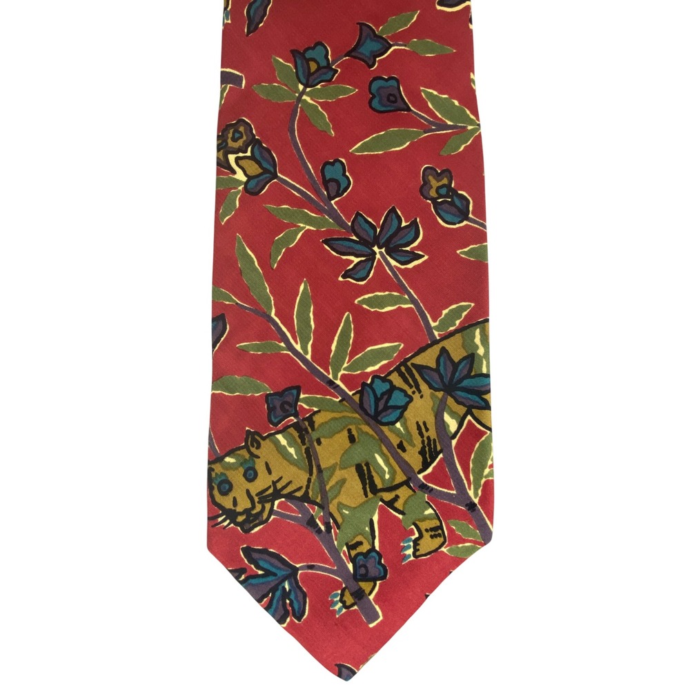 VTG Michael Jacobs Silk Tie Mens Red Tiger Jungle Floral Tiger Botanical 55x4